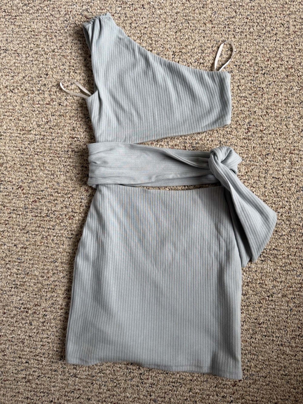 One-Shoulder Light Blue/Gray Ribbed Cutout Dress with Side Tie